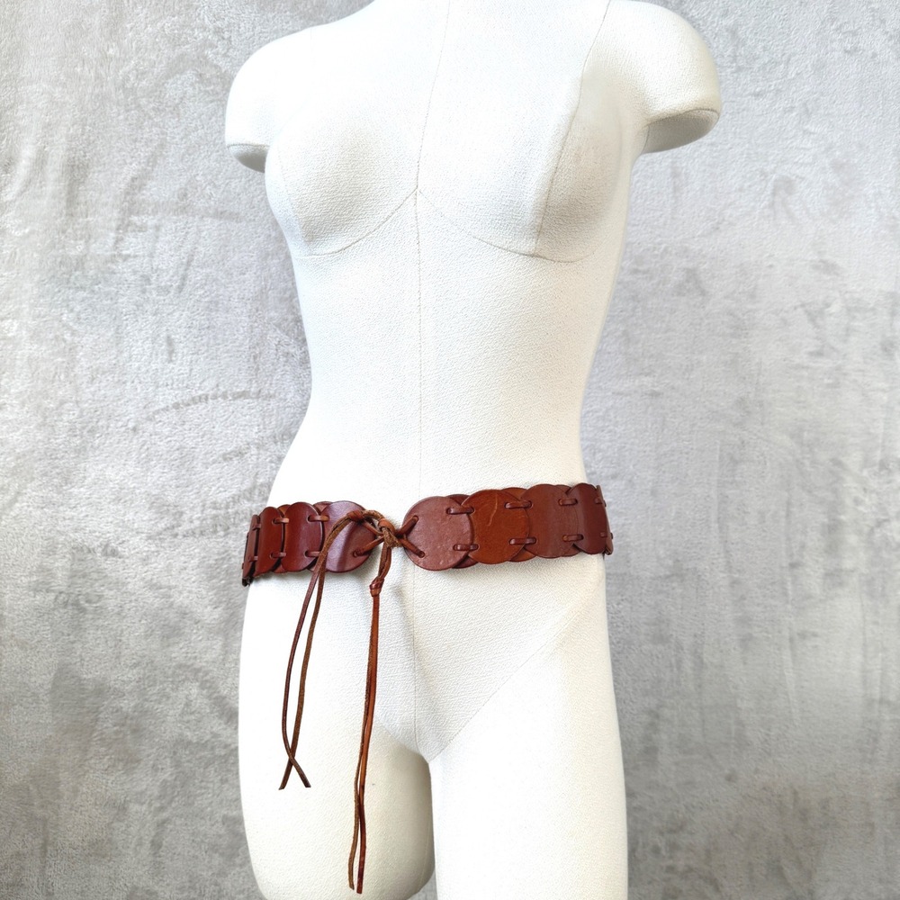 Fossil Tie Front Belt Tan Laced Rings Genuine Leather Cognac Boho western